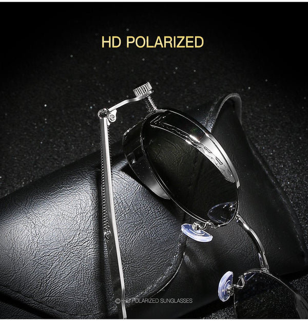 Retro Round Metal HD Polarized Steampunk Sunglasses