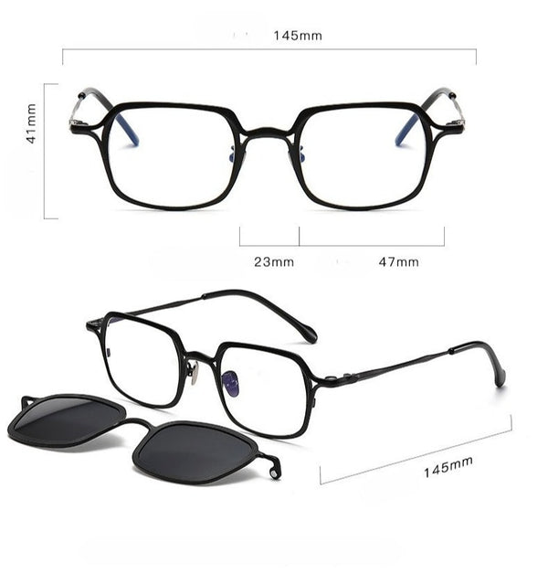 Chez Square Titanium Glasses Frame With Magnetic Sunglasses Clips