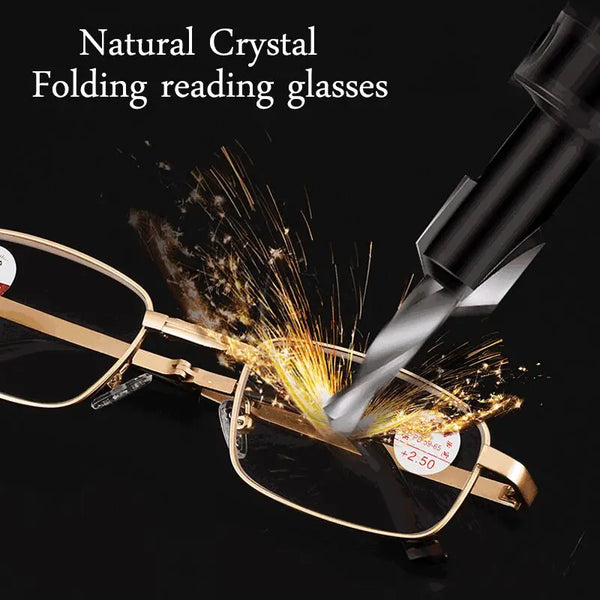 Natural Crystal Stone Clear Real Glass Lens Titanium Folding Reading Glasses (FREE BOX) - CML1058