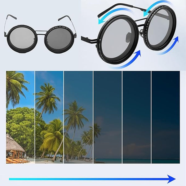 Adjustable Tint Polarized Round Sunglasses | ND9 Stepless 1-9 Gears